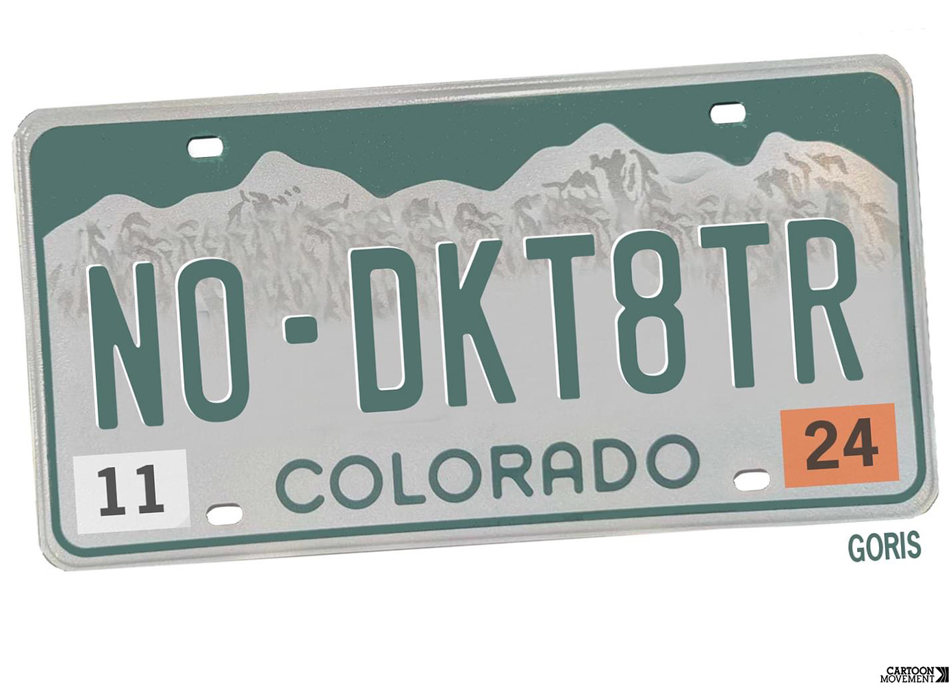 Cartoon showing a Colorado license plate that reads 'N0 DKT8TR'