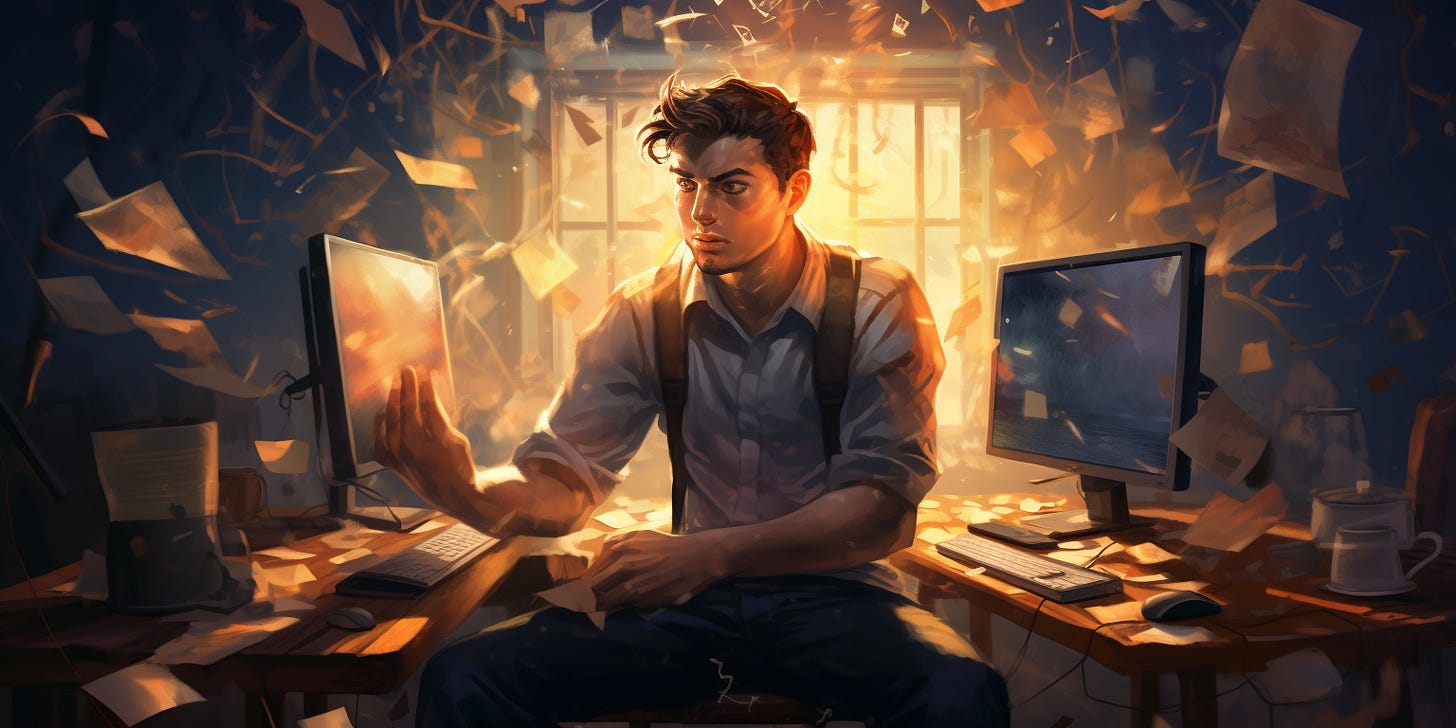 AI generated image of a young man, surrounded by computers and flying paper, breaking a digital curse.