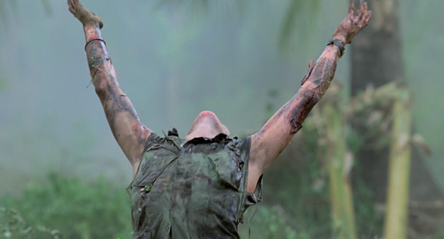 In a climactic scene in "Platoon" (1986), Willem DaFoe throws his hands up  in the air as he's killed. This is a reference to the fact that the field  goal is good. :