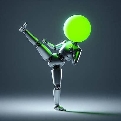 Photo of a silver humanoid robot doing a karate high kick. The robot has a basic bright neon green sphere instead of a normal head. There is no face.