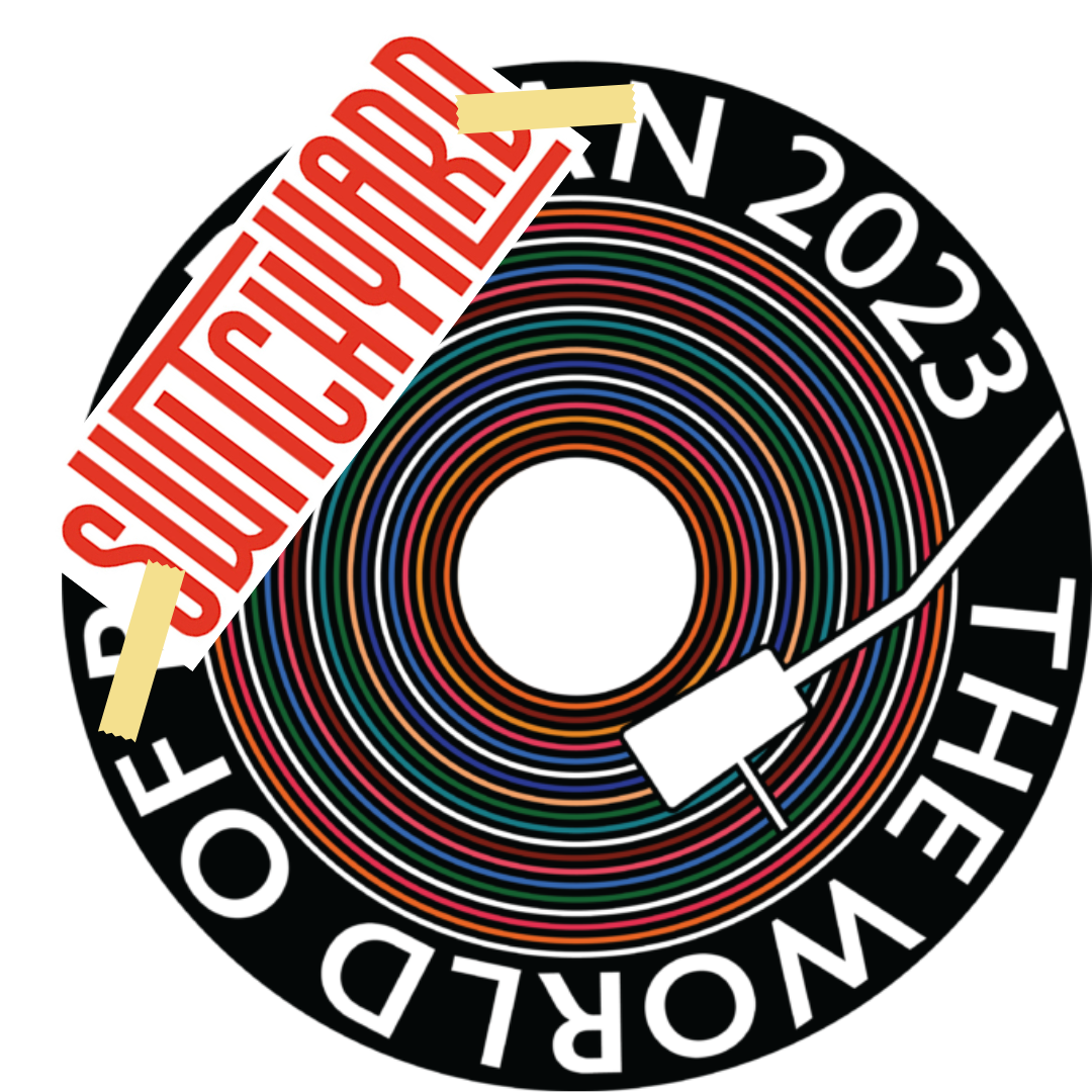 The world of bob dylan 2023 logo with the Switchyard logo taped over the words bob dylan
