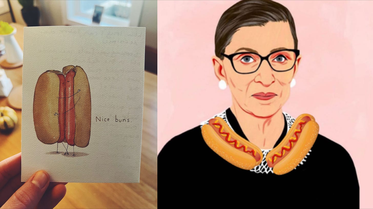 A photo of a card with two hot dogs kissing, an image I made of RBG with hot dogs for a judge collar