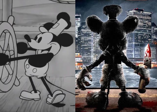 On the left we see the smiling joyous good-natured 1928 itertion of Mickey Mouse at the helm of his riverboat. On the right we see the dark 2025 version of the character gazing from a dingy ferry at the NYC skyline. He clutches an enormous bloody knife in his right hand. On the left we see the smiling joyous good-natured 1928 itertion of Mickey Mouse at the helm of his riverboat. On the right we see the dark 2025 version of the character gazing from a dingy ferry at the NYC skyline. He clutches an enormous bloody knife in his right hand.