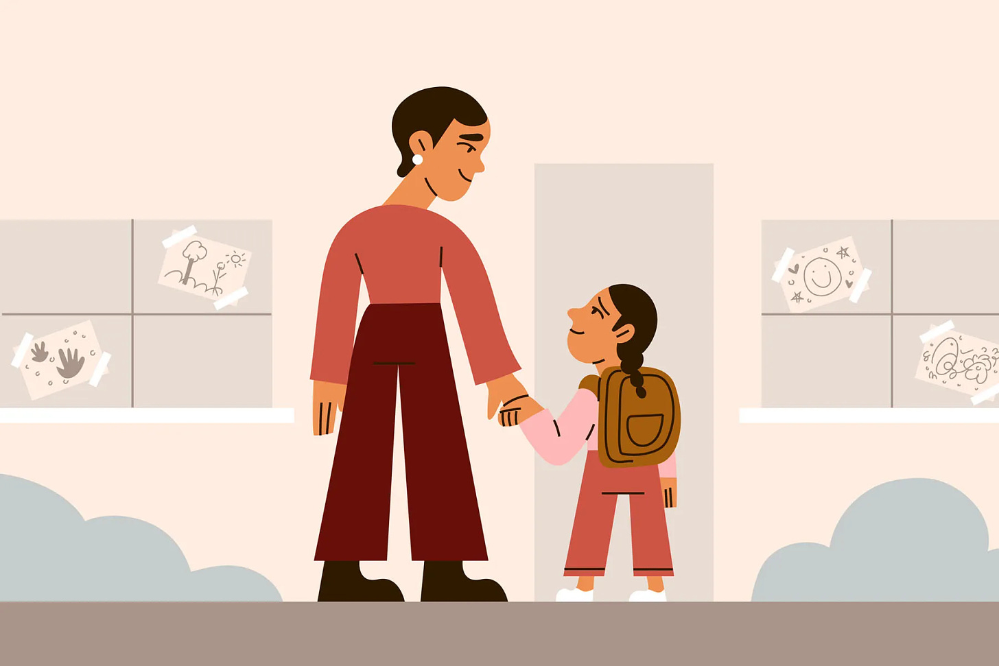 A digital illustration of a parent and child holding hands and smiling at each other while standing in front of the door of a building. The windows on the building display taped up children’s artwork.