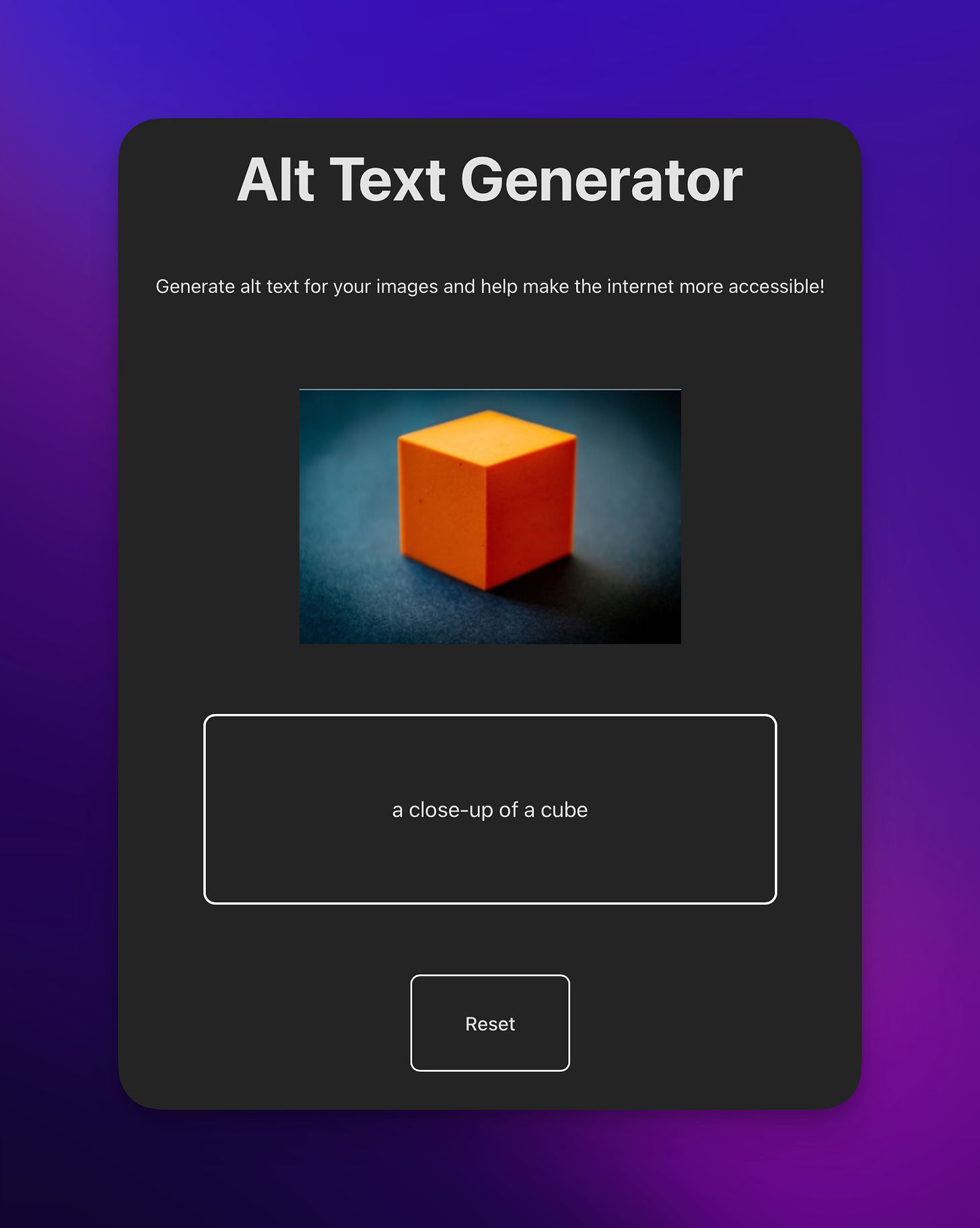 An alt text generator creating alt tex for an image of a cube