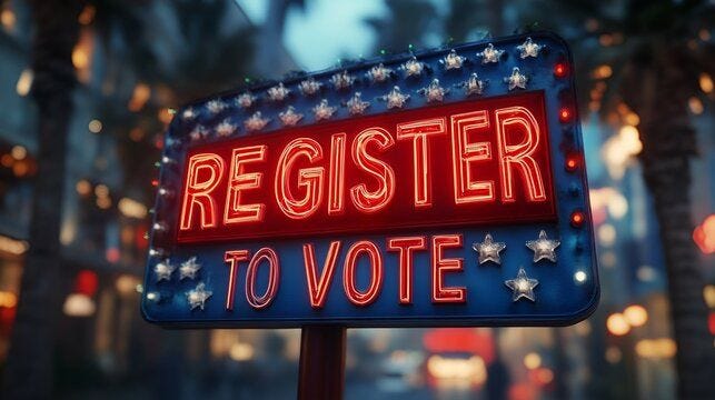 A sign that reads “REGISTER TO VOTE”. In neon - election - politics - voting - campaign