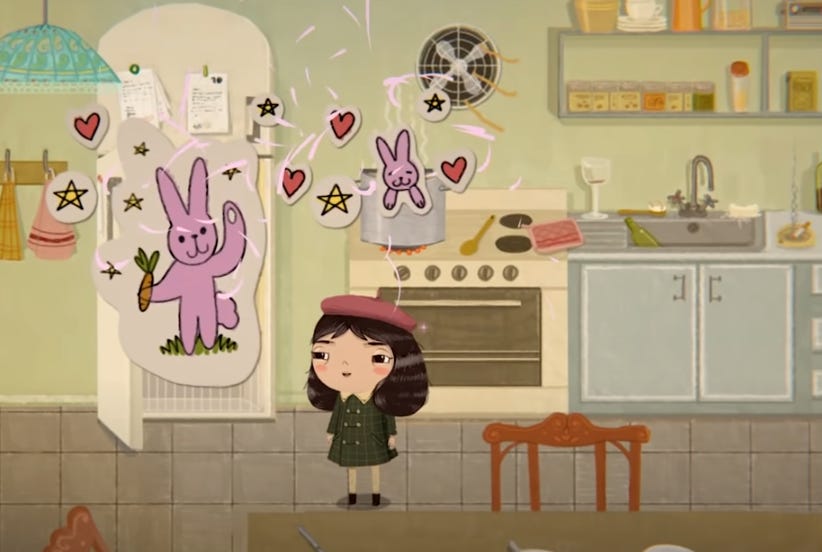 A screenshot from Little Misfortune where Misfortune has sprinkled glitter on the kitchen scene, making the dead bunnies being turned into stew into happy, cute little easter bunnies with lots of hearts