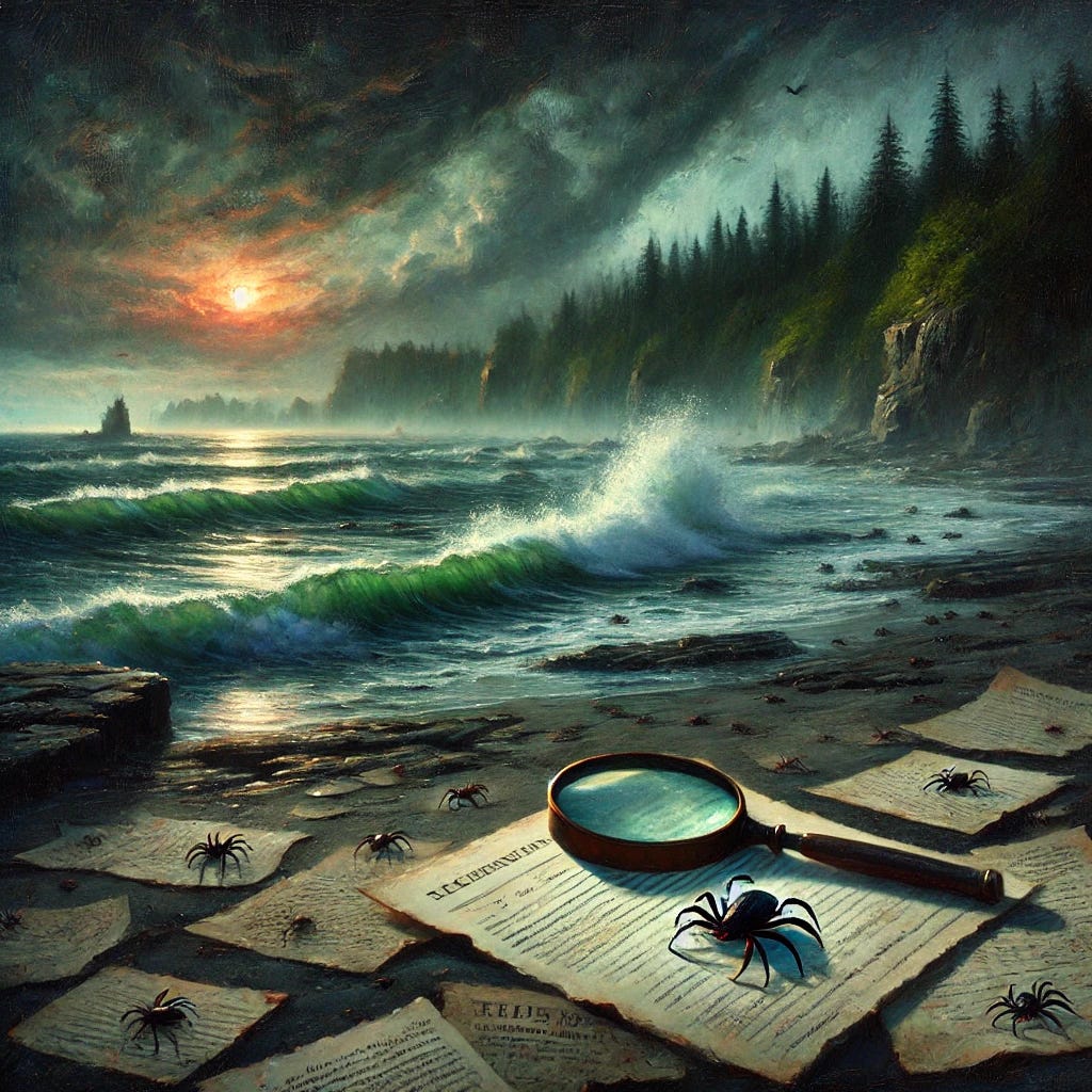 A dramatic coastal scene in an oil painting style, depicting a dark and misty beach at dusk. The ocean is turbulent with stormy waves crashing against the rocky shore. In the background, dense, foreboding forests line the horizon. Scattered across the beach are old scientific papers fluttering in the wind, symbolizing hidden research and discovery. A magnifying glass lies half-buried in the sand, reflecting the light of a setting sun. Small, detailed ticks crawl across the papers and sand, symbolizing their connection to the mysterious illness. The color palette includes deep greens, blues, and muted grays, with hints of red and orange, creating a mysterious and ominous atmosphere.