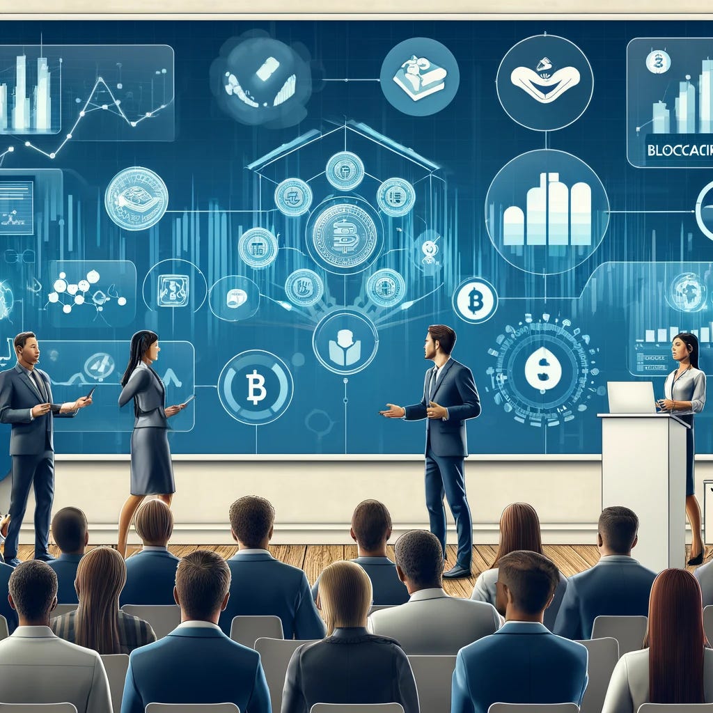 A professional presentation about blockchain technology in financing and customer loyalty. Show business professionals discussing on stage with screens displaying tokens, stock charts, and blockchain networks. Include an audience of engaged listeners, and elements representing customer participation and incentives like giveaways. Modern, professional atmosphere with shades of blue and white.