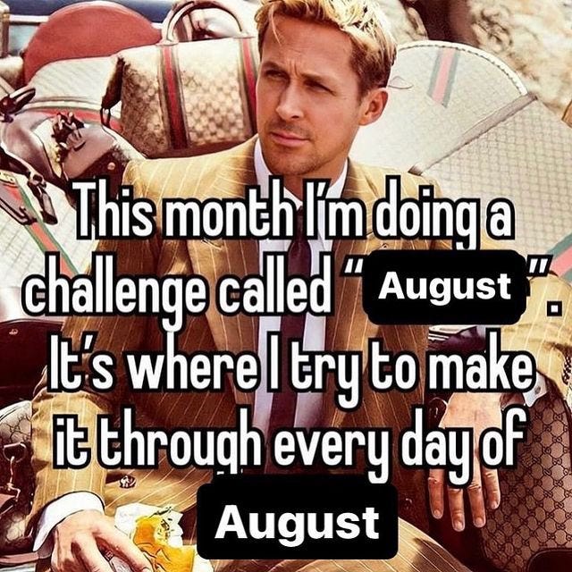 Image of Ryan Gosling on a bunch of designer bags. On top, it says "This month I'm doing a challenge called 'August'. It's where I try to make it through every day of August."