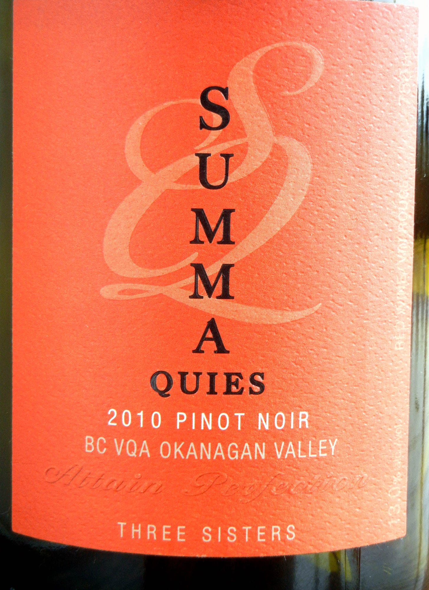 Howling Bluff Summa Quies Three Sisters Pinot Noir 2010 Label - BC Pinot Noir Tasting Review 10