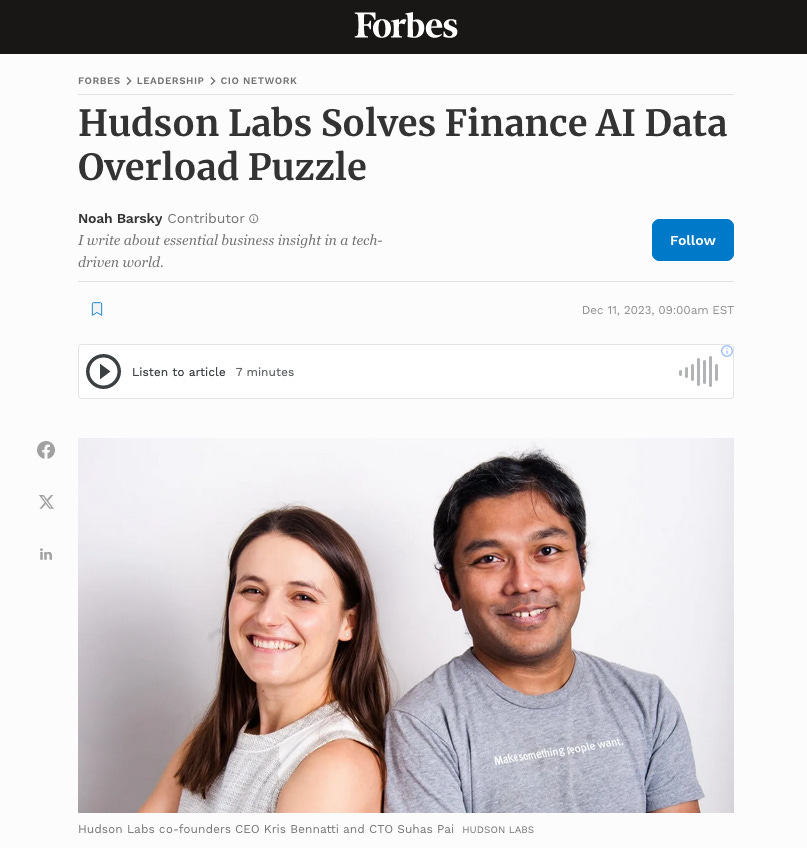 Forbes Feature of Hudson Labs