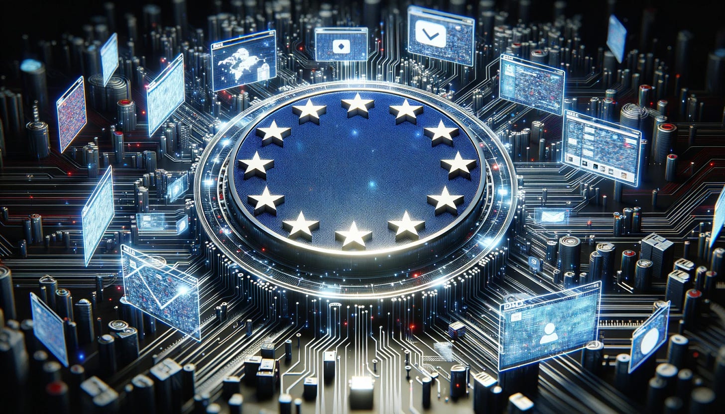 Render of a large EU emblem in the center, surrounded by digital data streams and circuits. Floating around the emblem are digital screens showcasing blurred out social media content, hinting at scrutiny and analysis.