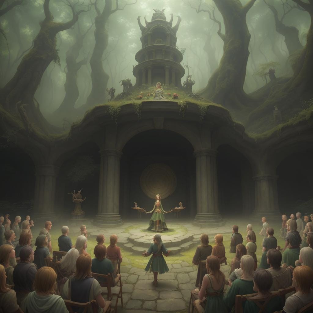 An amphitheatre in a fantasy forest. There is a crowd of elves in the seats. On center stage there is a humanoid frog in armor. She has an eyepatch, a peg leg, and a cane.