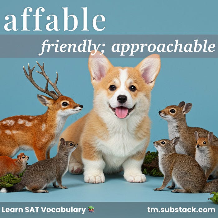 Illustration of a friendly corgi puppy with other animals; used to illustrate the SAT word 'affable'.