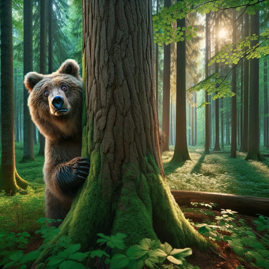 A frightened grizzly bear hiding behind a large tree in a dense forest. The bear's expression is one of fear, with wide eyes and slightly open mouth. The forest is lush with green foliage, and the large tree provides ample cover for the bear. Sunlight filters through the leaves, creating a dappled pattern on the ground and on the bear's fur.