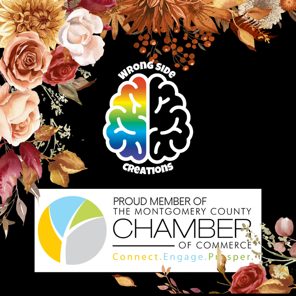 Wrong Side Creation Logo, White Brain with the left side colored in with a rainbow and surrounded with flowers and the chamber of commerece logo