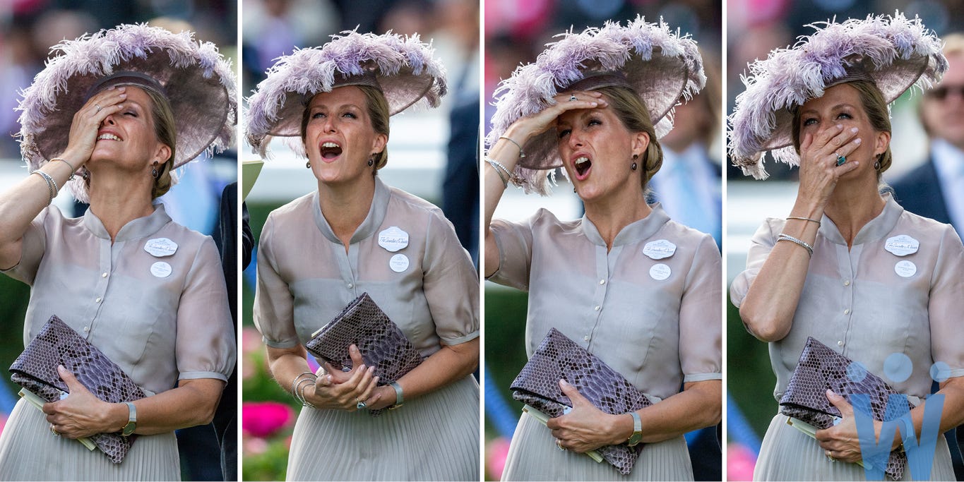 four photos showing Sophie, then Countess of Wessex, showing a range of emotions at Royal Ascot in 2018, Photo by Mark Cuthbert