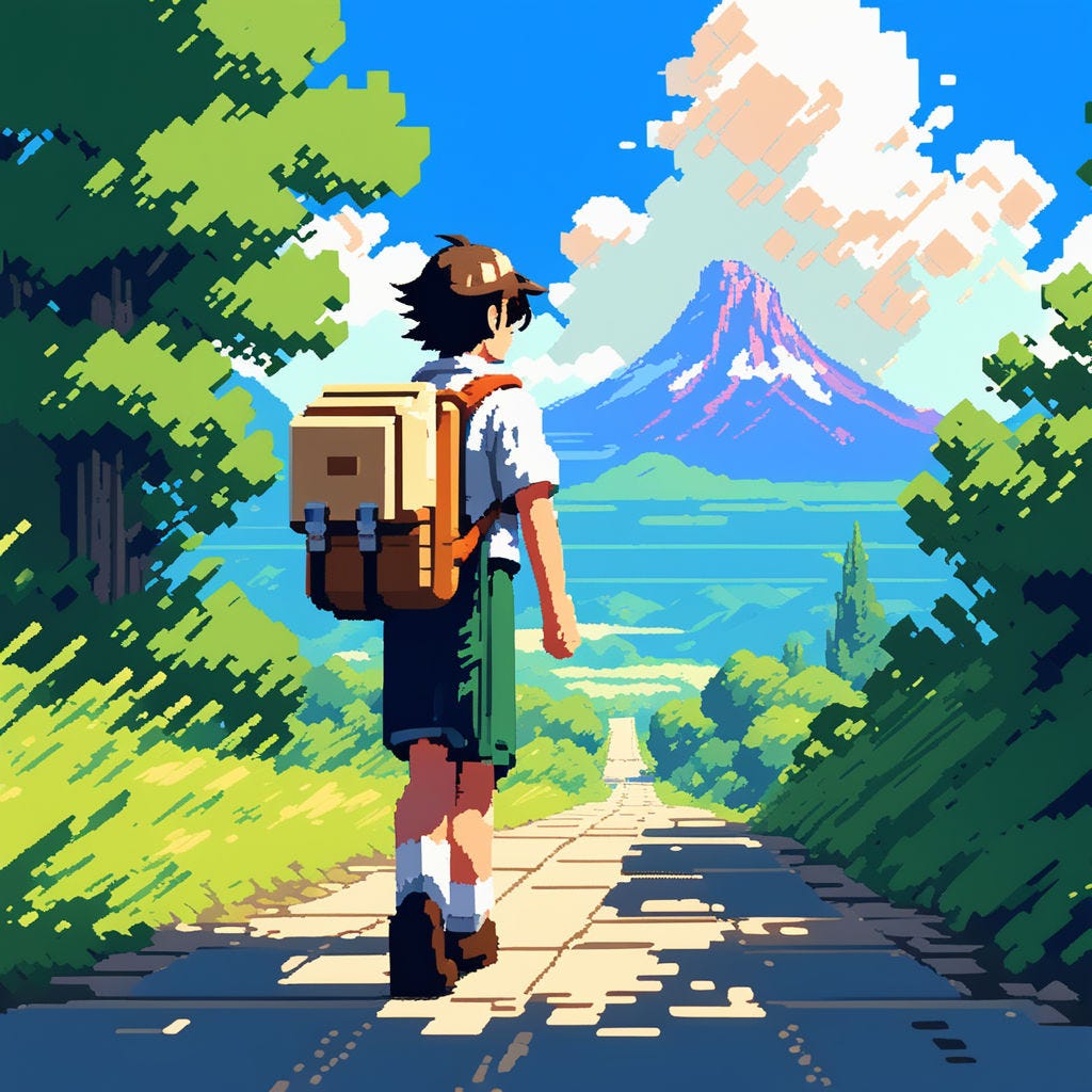 Prompt: A pixel art illustration of a character setting off on a grand adventure, wearing a backpack and holding a map., acrylic painting, trending on pixiv fanbox, palette knife and brush strokes, style of makoto shinkai jamie wyeth james gilleard edward hopper greg rutkowski studio ghibli genshin impact
