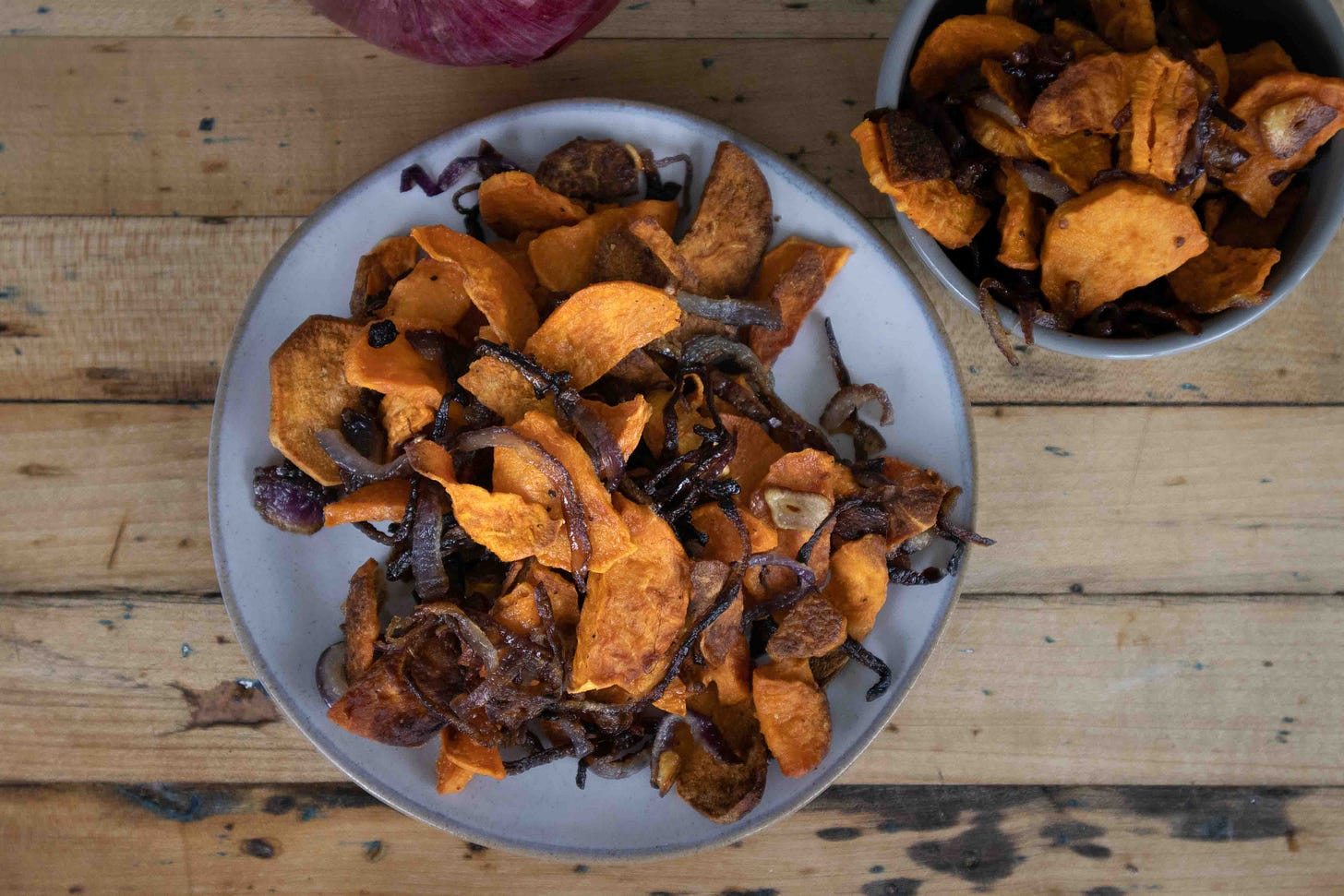 sweet potatoes with fried red onion