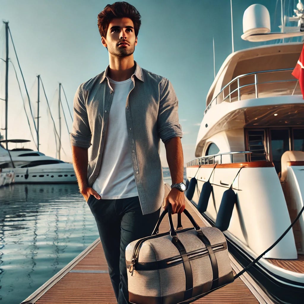 A young yacht crew member stepping off a luxury yacht at a marina, carrying a stylish duffel bag and looking forward with confidence. The background features a clear blue sky, calm water, and other yachts docked in the distance. The character is dressed in casual yet professional attire, embodying the spirit of transition and new beginnings.