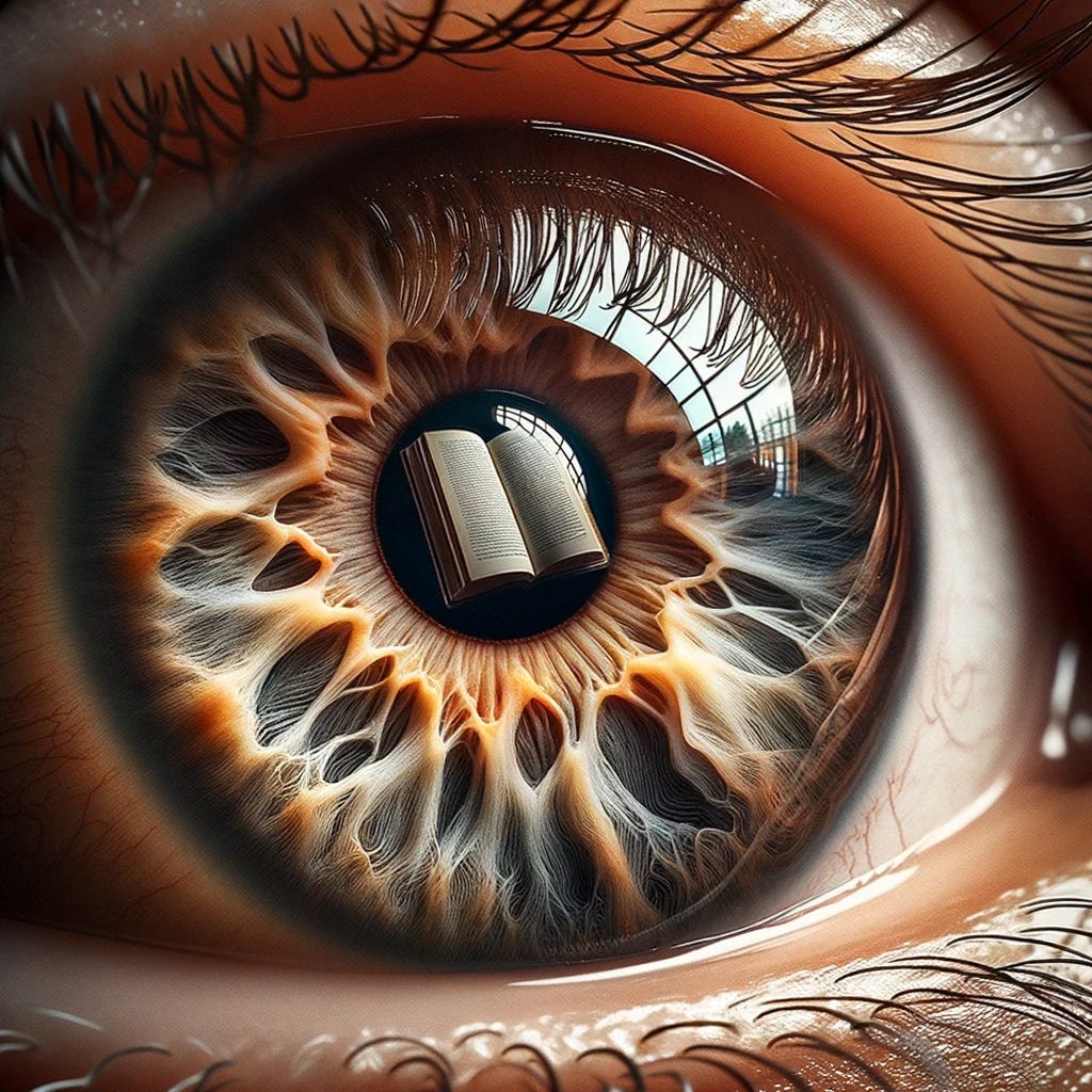 a close up image of a human eye reflecting an old book in the pupil