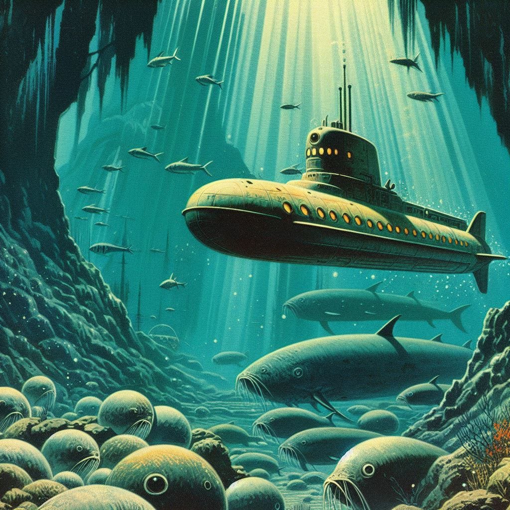 submarine in an ocean cave with lithium deposits, large shadow fish in the background, 1960s sci-fi drawing