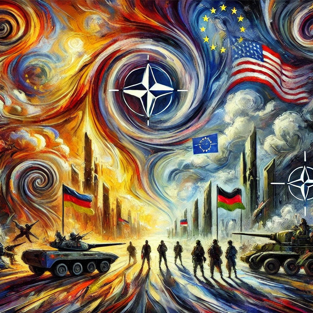 An abstract representation of Europe's need to strengthen its NATO pillar and invest in military capabilities. Swirling brushstrokes and contrasting colors depict the disparity between US and European military spending and technology advancements. Figures in motion symbolize the urgency for Europe to collaborate and build a strong defense. Elements representing military equipment and technology highlight the focus on strategic autonomy. A dramatic sky with dark and vibrant colors illustrates the challenge and necessity of strengthening European defense. The scene evokes a sense of urgency and determination, resembling an oil on canvas painting in an expressionistic style.