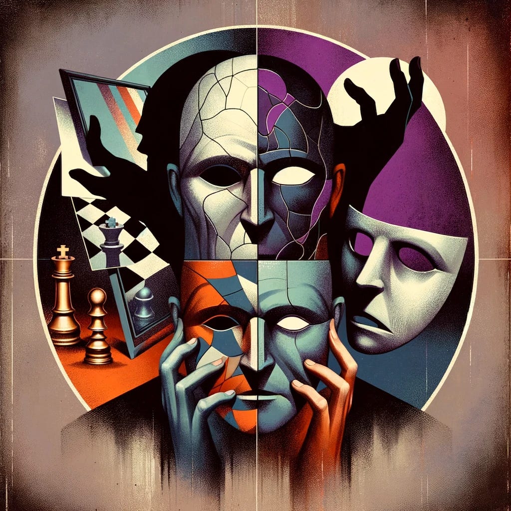 An abstract representation of the 'dark tetrad' personality traits. The image is divided into four sections, each symbolizing one of the traits: narcissism, Machiavellianism, psychopathy, and sadism. For narcissism, there's a mirror reflecting a fragmented self-image. Machiavellianism is represented by a chessboard with manipulative hands moving the pieces. Psychopathy is symbolized by a mask hiding an emotionless face. Sadism is depicted with a shadow over a frightened figure. The overall tone of the image is dark and ominous, with subtle colors to distinguish each section.