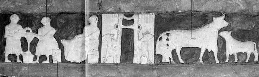 Stone carving at the ancient Sumerian temple of Ninhursag showing typical dairy activities. (Dorling Kindersley, The Visual Dictionary of Ancient Civilizations)