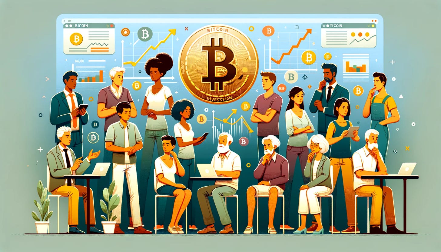 A superflat vector art graphic depicting investors of different ages considering investing in Bitcoin. The scene includes a diverse group of individuals, showing a range of ages from young adults to seniors. They are depicted in a modern, digital environment, with screens displaying Bitcoin graphs and symbols. The characters represent different ethnicities and genders, with each person showing a contemplative expression as they evaluate the potential investment. The style is clean, colorful, and minimalist, typical of superflat art. This image is intended as a header for a newsletter post, with a 3:2 aspect ratio.