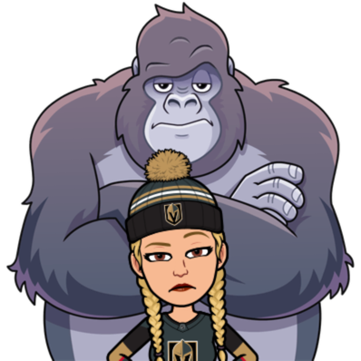Bitmoji of the author in fuzzy pompom-topped Knights winter-wear, hands on hips, glowering with a ginormous gorilla looming over her shoulder and glaring. Both have that eyebrow lifted. No. The other eyebrow.