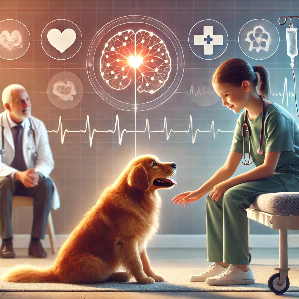 A modern, professional medical illustration depicting a therapy dog in a pediatric emergency room interacting with a young child. The child appears calmer and more relaxed, while a nearby healthcare provider observes with a reassuring demeanor. The background includes soft, warm lighting to evoke a sense of comfort and positivity. Medical icons subtly integrated into the design, such as a heart rate monitor or a brain with neural connections, symbolize the scientific aspect of anxiety reduction. The style is clean, modern, and approachable, ensuring an engaging and informative visual representation of the study findings.