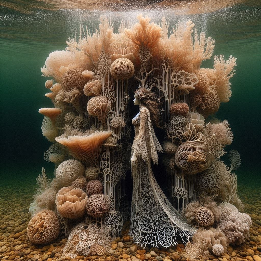 inside clear water ; tiltshift/ 5d angle glass embedded Carla caves / Broken into fragments/ pieces Swajili woman in traditional garb with lace like mycelium outside her home which is a large coral plant underwater / in olive,ivory, chartrues, lace made of black water in resin/He is full of love. coral orange, pink, cream, olive address/ reverberating waves. black hole/ water in resin verdigris/ In the style of Michael Parkes. black etching/ black linework/ black sky