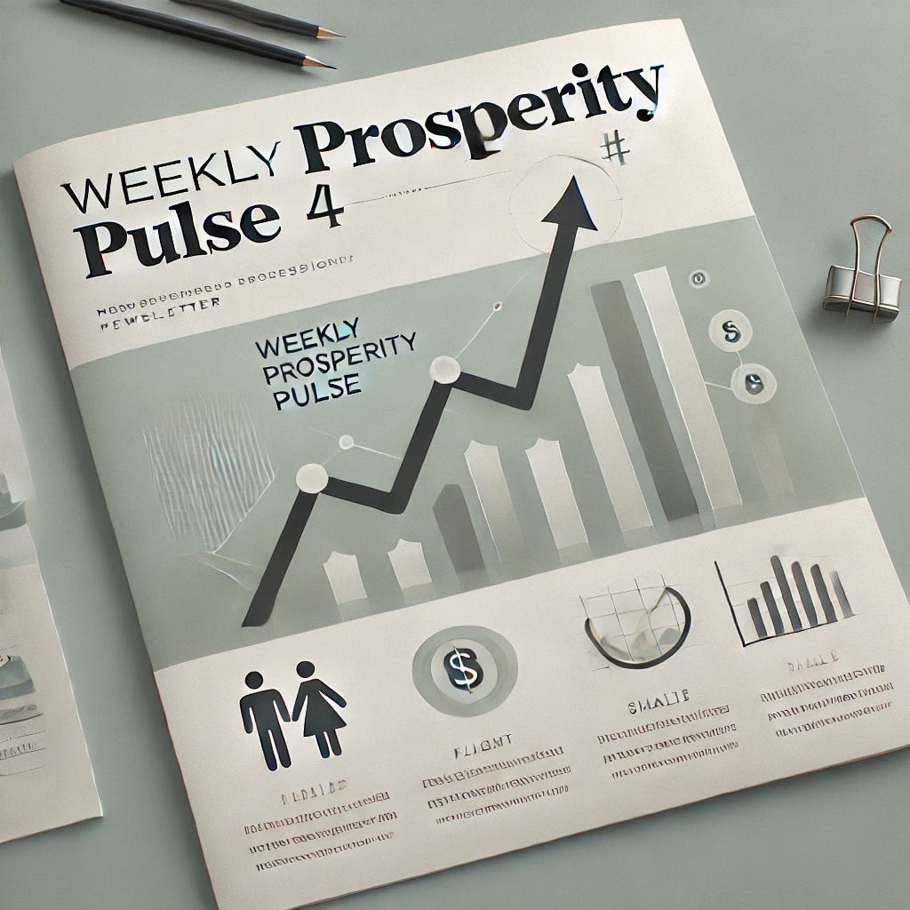 A clean and professional newsletter header image featuring a subtle financial theme. The title 'Weekly Prosperity Pulse #4' is prominently displayed in bold, modern font at the center. Behind the text, include light illustrations representing economic growth, such as an upward arrow, a graph, and small icons of families, dollar signs, and a balance scale. The colors should be soft and neutral, using blues, greens, and grays for a calming and professional look.