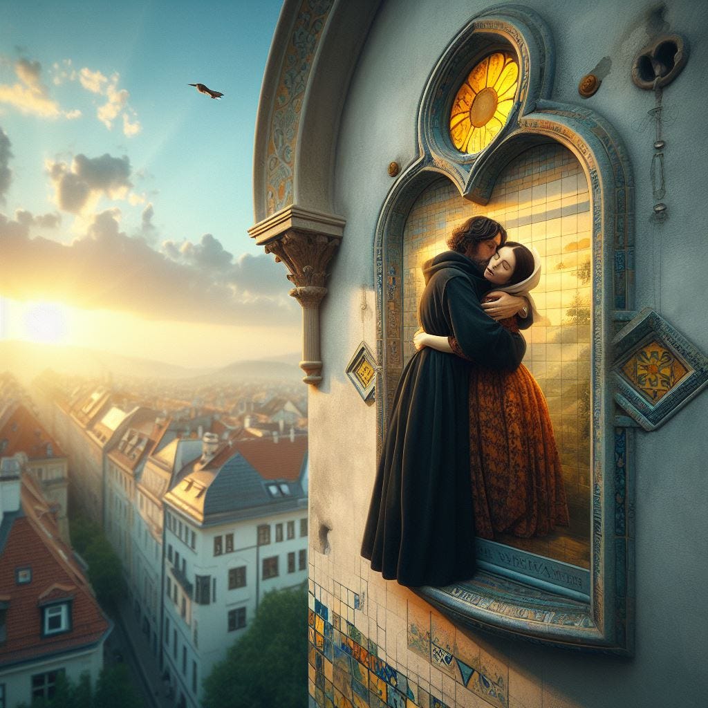 Hyper realistic;tilt shift;dark haired woman hugging man in front of small painting “The Art of painting” by Johannes Vermeer, painting with merging Quatrefoil on wall: small painting with tan Gothic Tracery: chartreus glowing decorative tiles. painting merges into the Hundertwasserhaus, Vienna, Austria:painting partly embedded in wall. Interior warm light. sunbeams shining through. vast distance. Tilt shift. Bird flying by. Clouds overhead raining prisms of light on strings