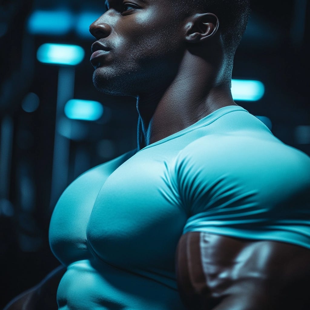 Massive muscular guy with big pecs wearing a light blue t-shirt in a dark gym. 