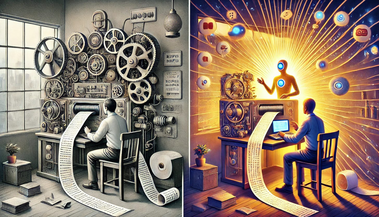 FIRST IMAGE: Two side-by-side illustrations. On the left, a monochromatic scene shows a person sitting before a mechanical device with gears and cogs that outputs a long paper printout. On the right, a colorful scene shows a similar setup but with a luminous AI figure emerging from the device, exchanging energy with the human user.