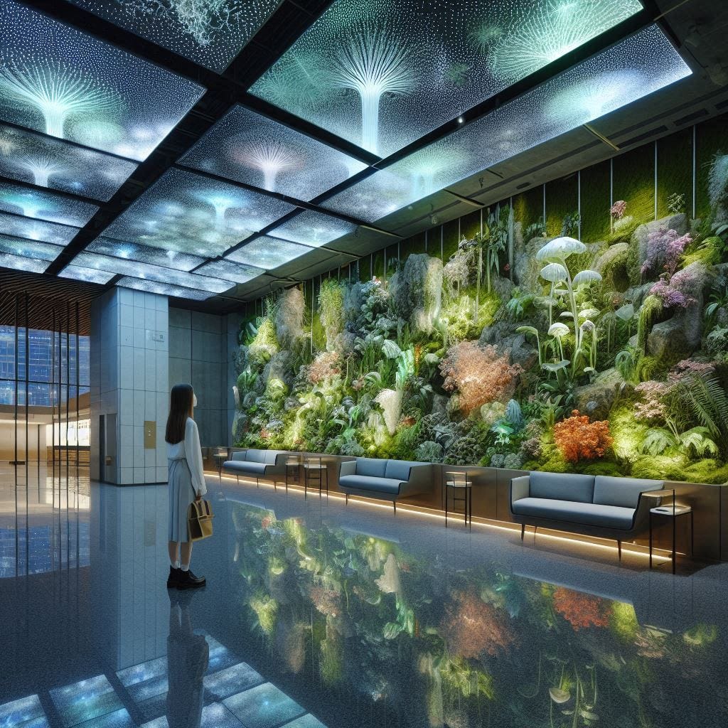 a sterile lobby adorned with holographic plants and moss-covered walls. The ceiling lights were bio-luminescent algae emanating a slightly eerie light on the polished floors., young woman standing here, drawing