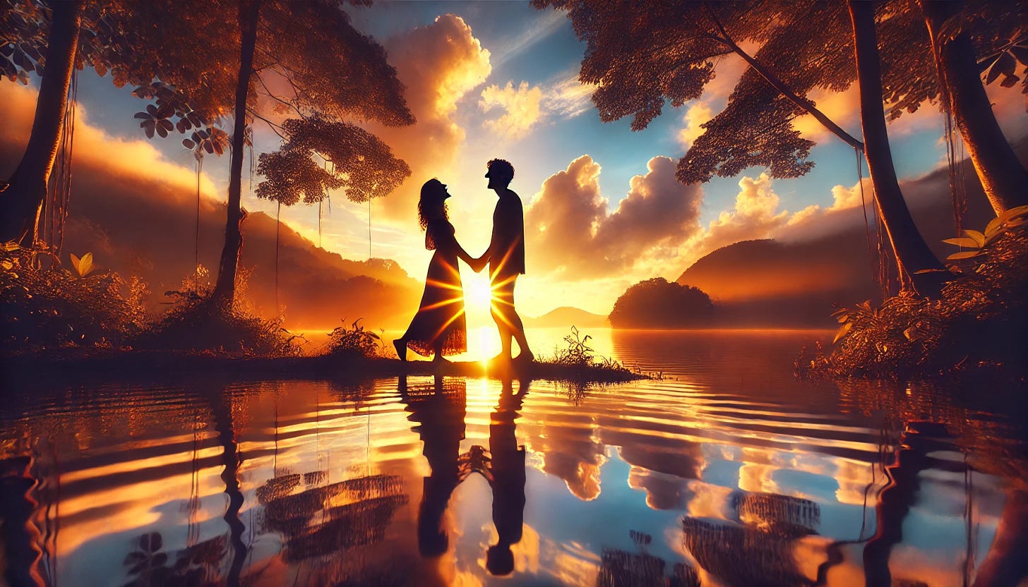 A photograph of two silhouettes standing together at the edge of a serene lake at sunset, hands intertwined, laughing faces illuminated by warm golden glow, reflection dancing on the tranquil water, vibrant sunset colors merging with iridescent light, aura of unity and love. Background of lush trees and distant mountains, peaceful and timeless beauty, soft focus, warm lighting, ethereal atmosphere. Created Using: high-resolution camera, golden hour photography, gentle backlighting, soft shadows, landscape lens, romantic ambiance, natural light, serene composition, glibatree prompt, dreamy filter, post-processing enhancement, soft gradients, bokeh effect, twilight hues, artistic framing