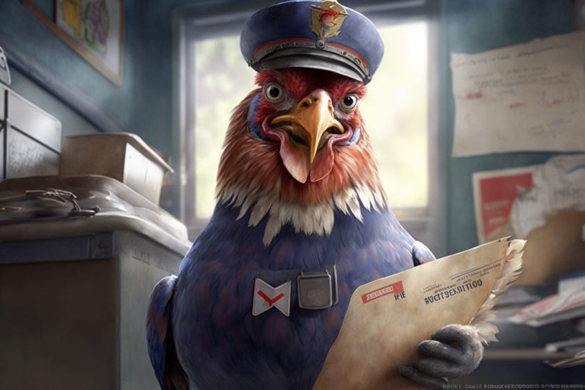 AI-generated image of a Rooster as a mailman