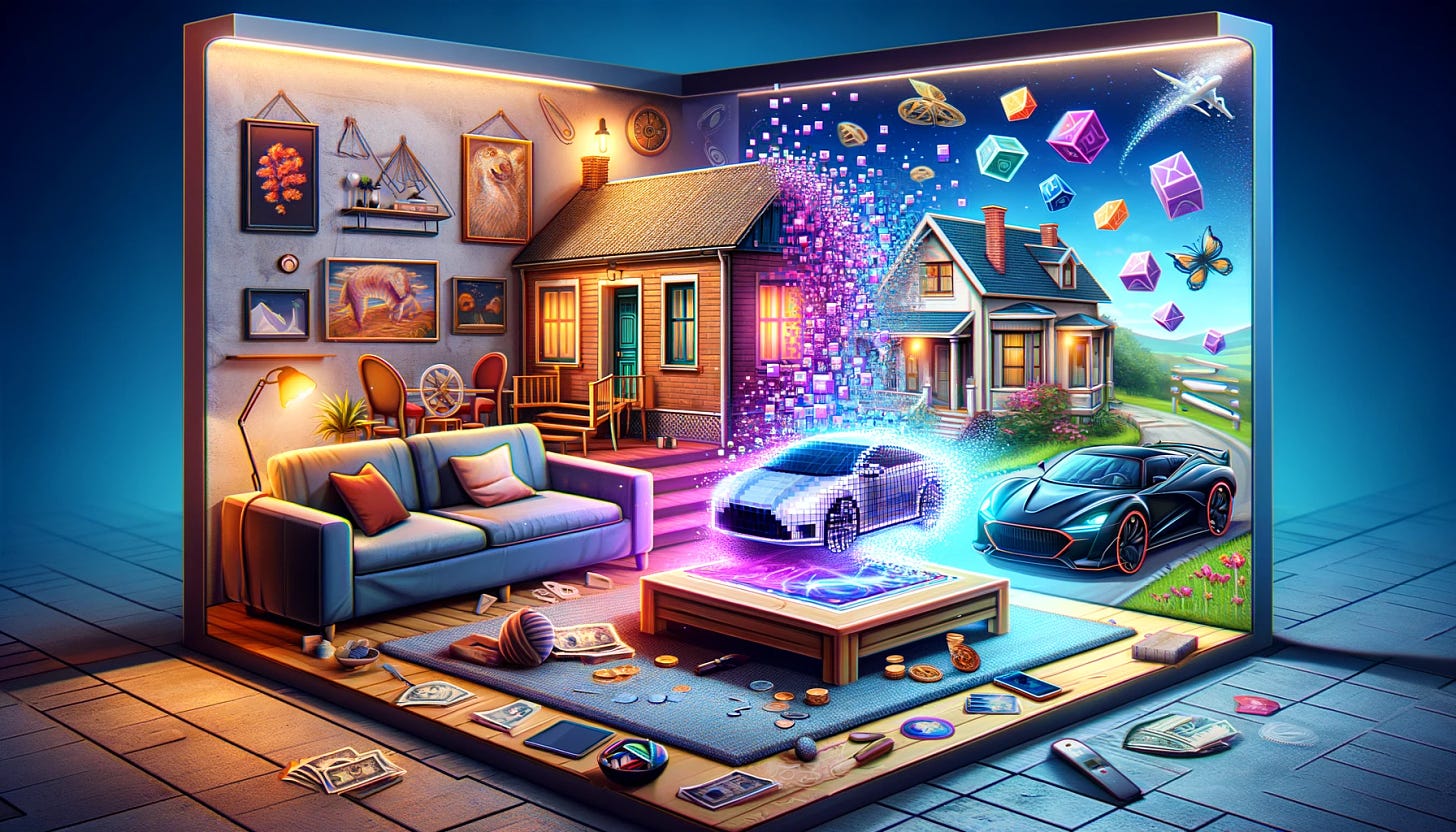 Create a visually compelling scene representing the concept of transforming physical assets into digital tokens. The image should depict a living room with a house, car, and a piece of art, each halfway through a magical transformation into digital tokens. The house is partly pixelated, turning into a digital 3D model, symbolizing a digital real estate token. The car is also transforming, with one half appearing as a sleek, tangible vehicle, and the other half as a dynamic, digital representation, indicating a virtual automotive token. The piece of art on the wall is morphing into a digital artwork, blending traditional artistry with futuristic, pixelated edges, representing an art token. In the center, a physical board game is also transforming into a video game, with characters and elements becoming animated and interactive on a digital screen. The room should have a modern and tech-savvy ambiance, highlighting the innovative concept of digital tokenization of physical assets.