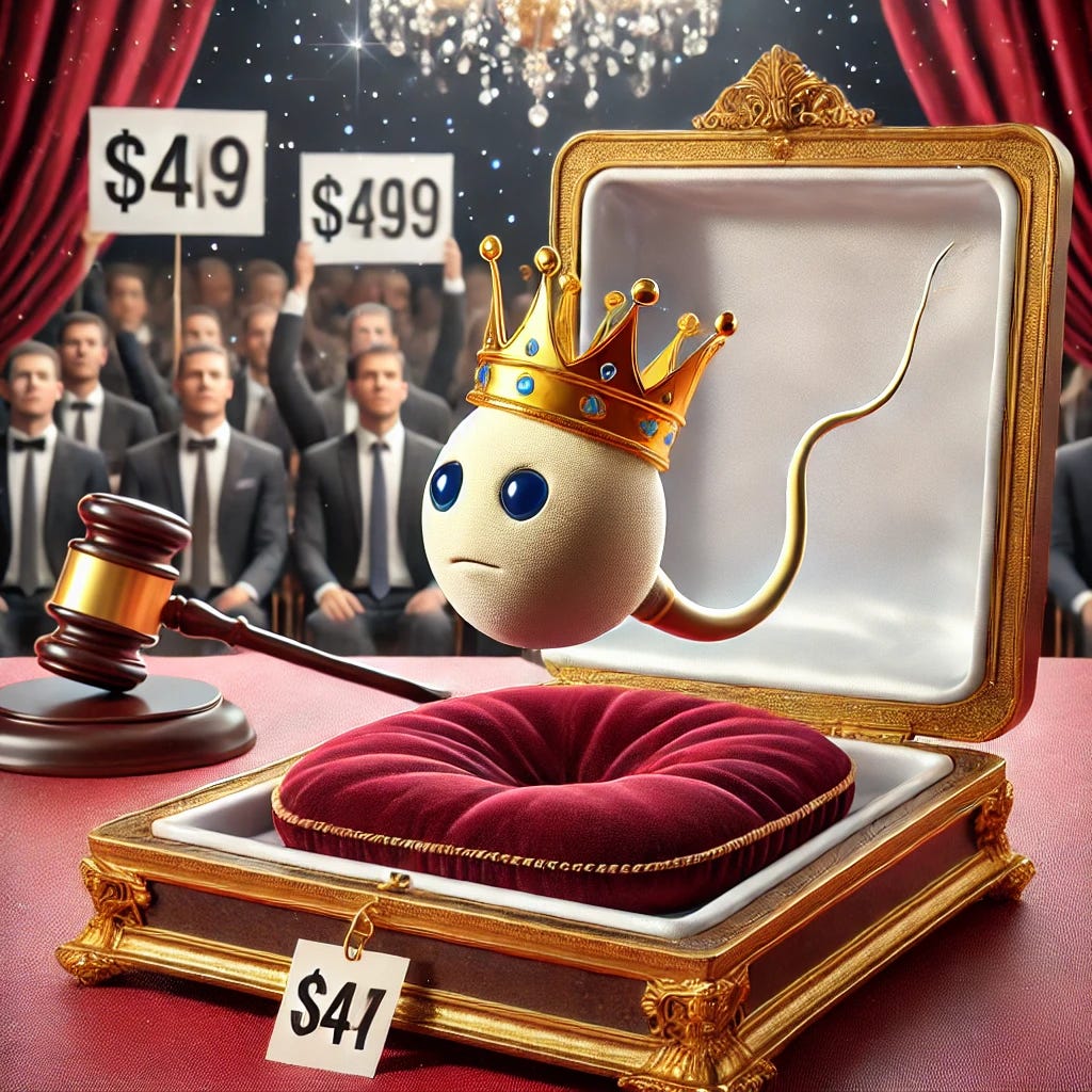 A surreal and humorous digital illustration of a single sperm cell wearing a tiny golden crown, sitting on a luxurious velvet cushion inside an open jewel box. The background features a glamorous auction setting with a golden gavel and bidders holding up signs with high price amounts. The atmosphere should be opulent, with sparkling lights and a rich color palette.