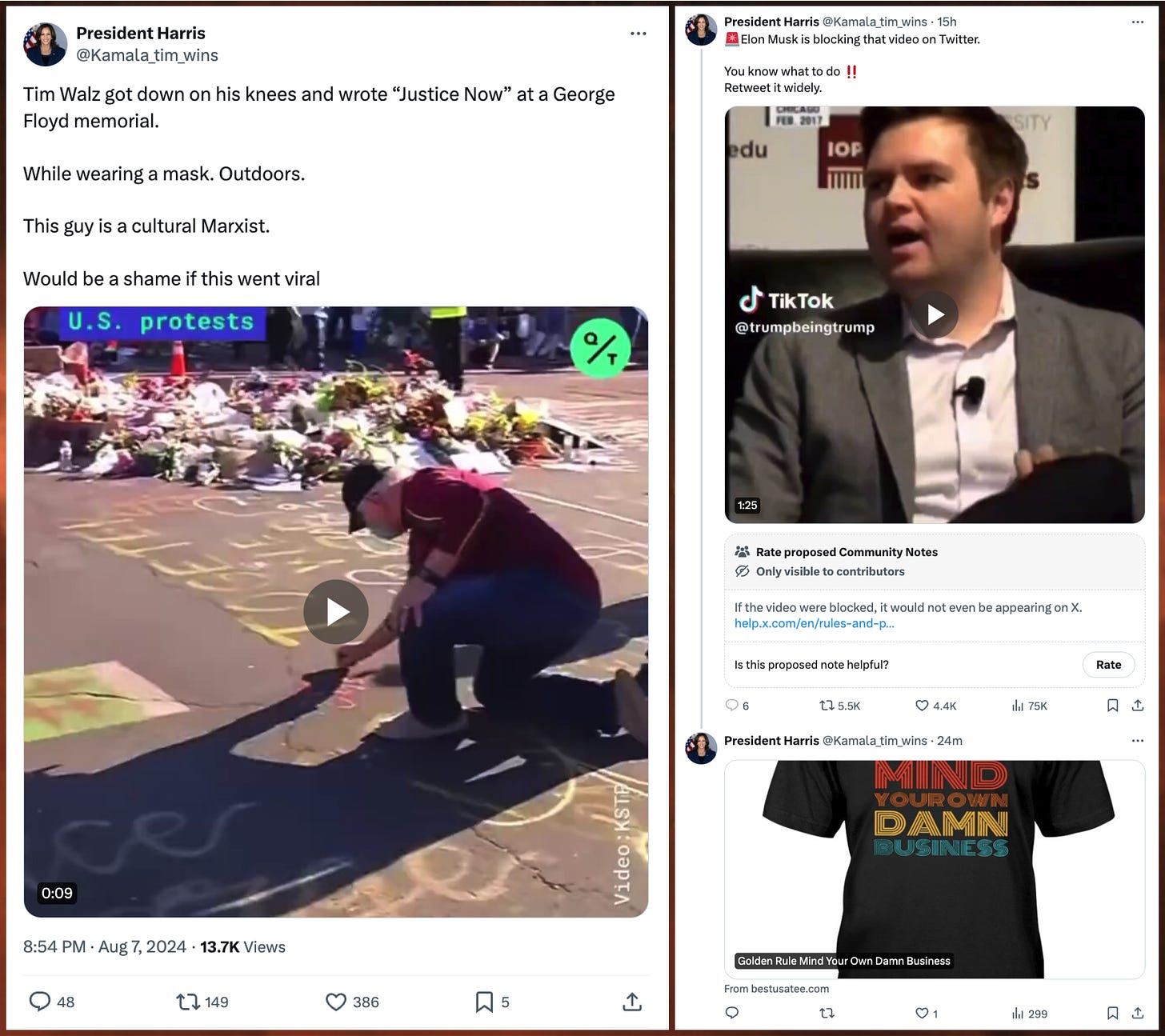 screenshot of a @Kamala_tim_wins post calling Walz a "cultural Marxist", and screenshot of T-shirt spam from @Kamala_tim_wins