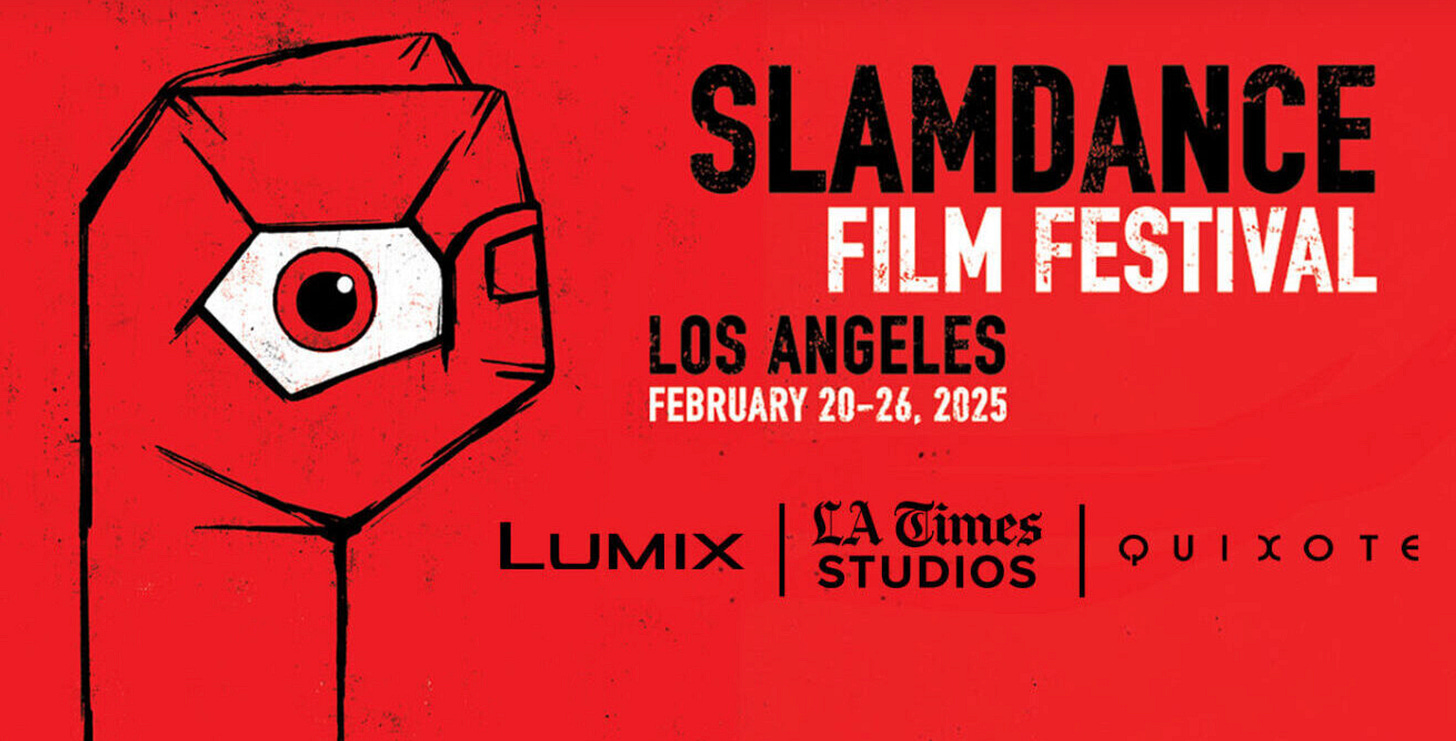 A red digital flyer for a film festival from February 20 to 26. A drawing of a hand is holding an eye that is looking right at us. There are logos for Lumix, LA Times Studies, and Quixote.