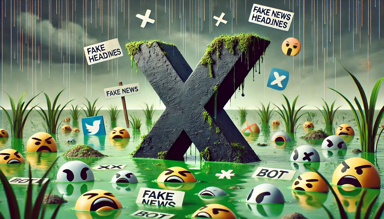 The logo of the social media platform X, sinking in a cesspool
