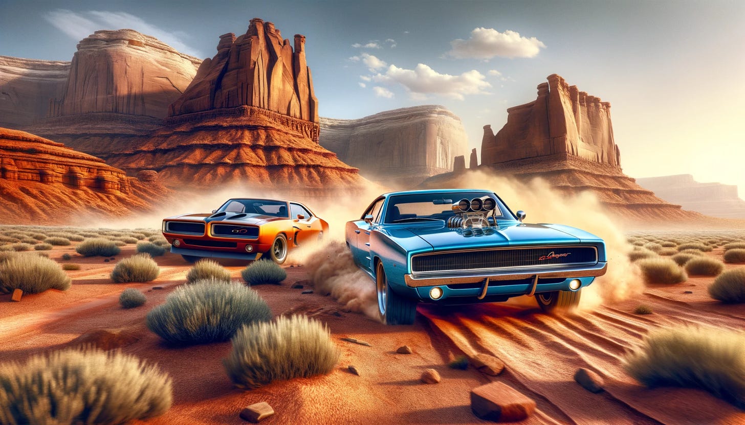 A hyperrealistic photo capturing an intense moment in a desert setting where two muscle cars are engaged in a car chase. The scene shows a bright blue Dodge Charger, with its V8 engine thunderously roaring, kicking up a cloud of dust as it races across a barren, sunbaked desert. Chasing it is a fiery orange Pontiac GTO, its driver determined and skilled, maneuvering expertly through the rough terrain. The background features towering red sandstone formations under a clear blue sky, adding a sense of wild, rugged adventure to the chase.
