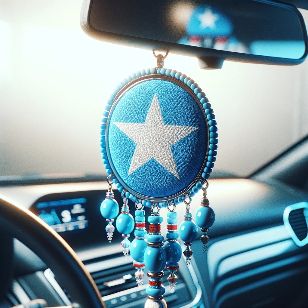 A detailed image of a rearview mirror charm hanging inside a car, designed with the Somali flag colors: light blue, with a white star in the center. The charm should be intricately designed, possibly incorporating beads, fabric, or other materials that reflect the vibrant cultural heritage of Somalia. The charm should be shown hanging from a car's rearview mirror, with the interior of the car subtly visible in the background to provide context. The image should be bright and colorful, capturing the essence of Somali pride and identity.