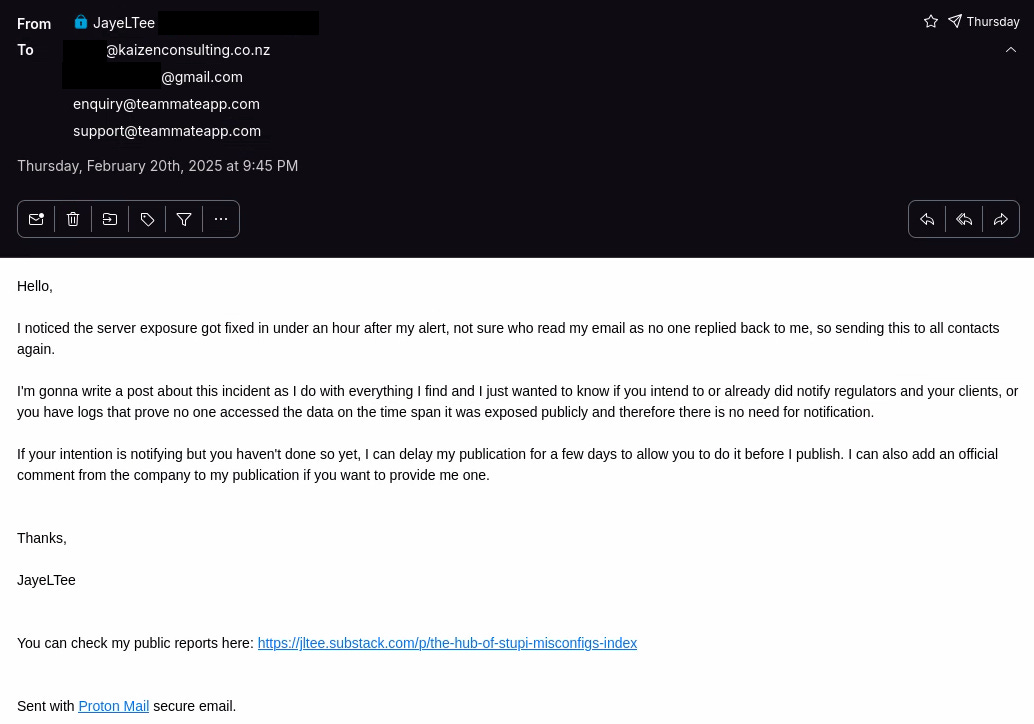 Screenshot of the follow up email sent to Teammate App, the contents of the email are explained on the post.