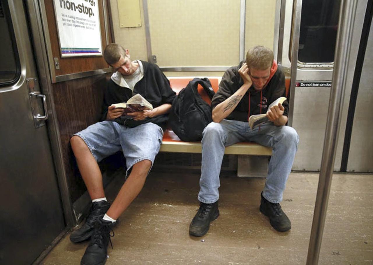 Two brothers read on the R train.